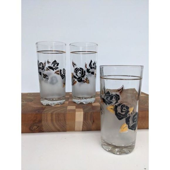 Other - Vintage cocktail glass Black and Gold roses barware, Japanese Glassware set